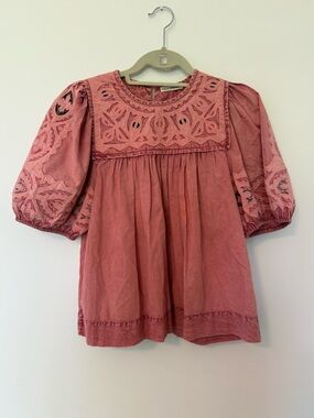 Ulla Johnson Aleida Puff Sleeve Embroidered Top in Sunbleached Rose - Size 4